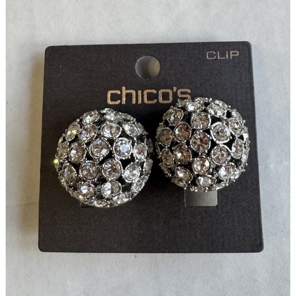 Chico's Jewelry - Chico's Silver Tone Round Crystal Cluster Clip-On Stud Earrings New